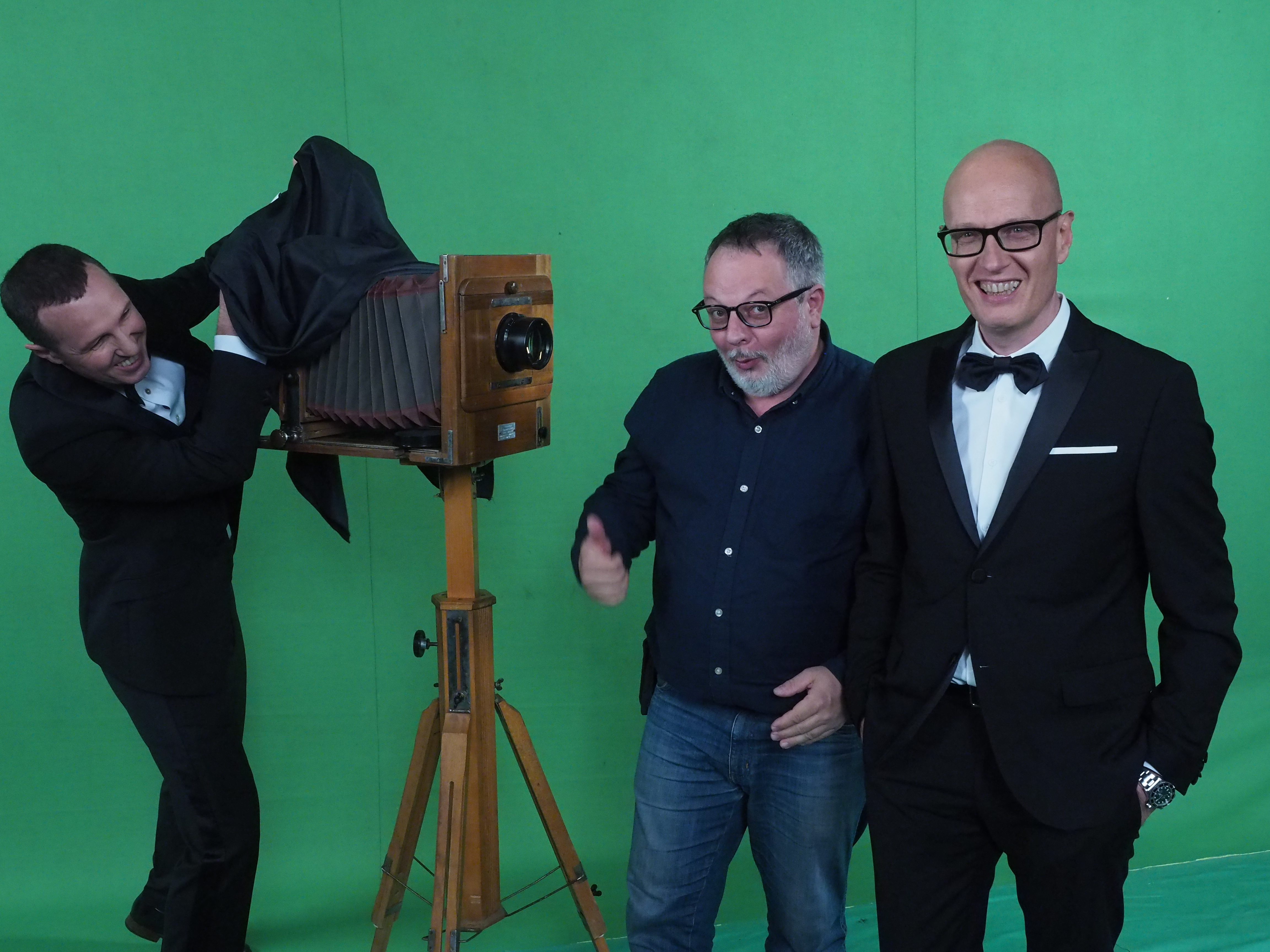 Игорь Верник (крайний слева), Сергей Шахиджанян (в центре) и Вадим Верник (крайний справа) во время телевизионных съемок на Шаболовке 