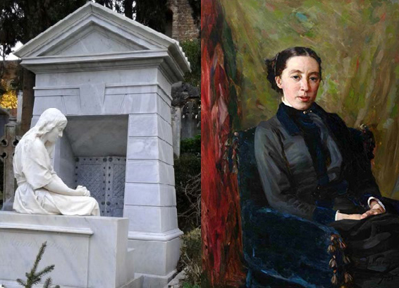 (слева направо) Рим, кладбище Тестаччо. Надгробие на могиле Маруси Оболенской. Портрет Натальи Якунчиковой кисти Василия Поленова, 1879 год
