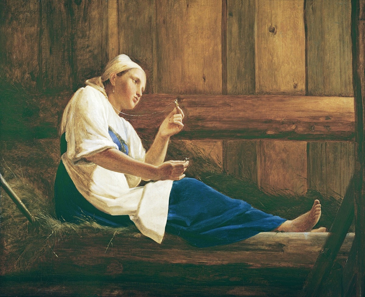 «Девушка на сеннике», Алексей Венецианов. Героиня носит дешевый однотонный «синяк»