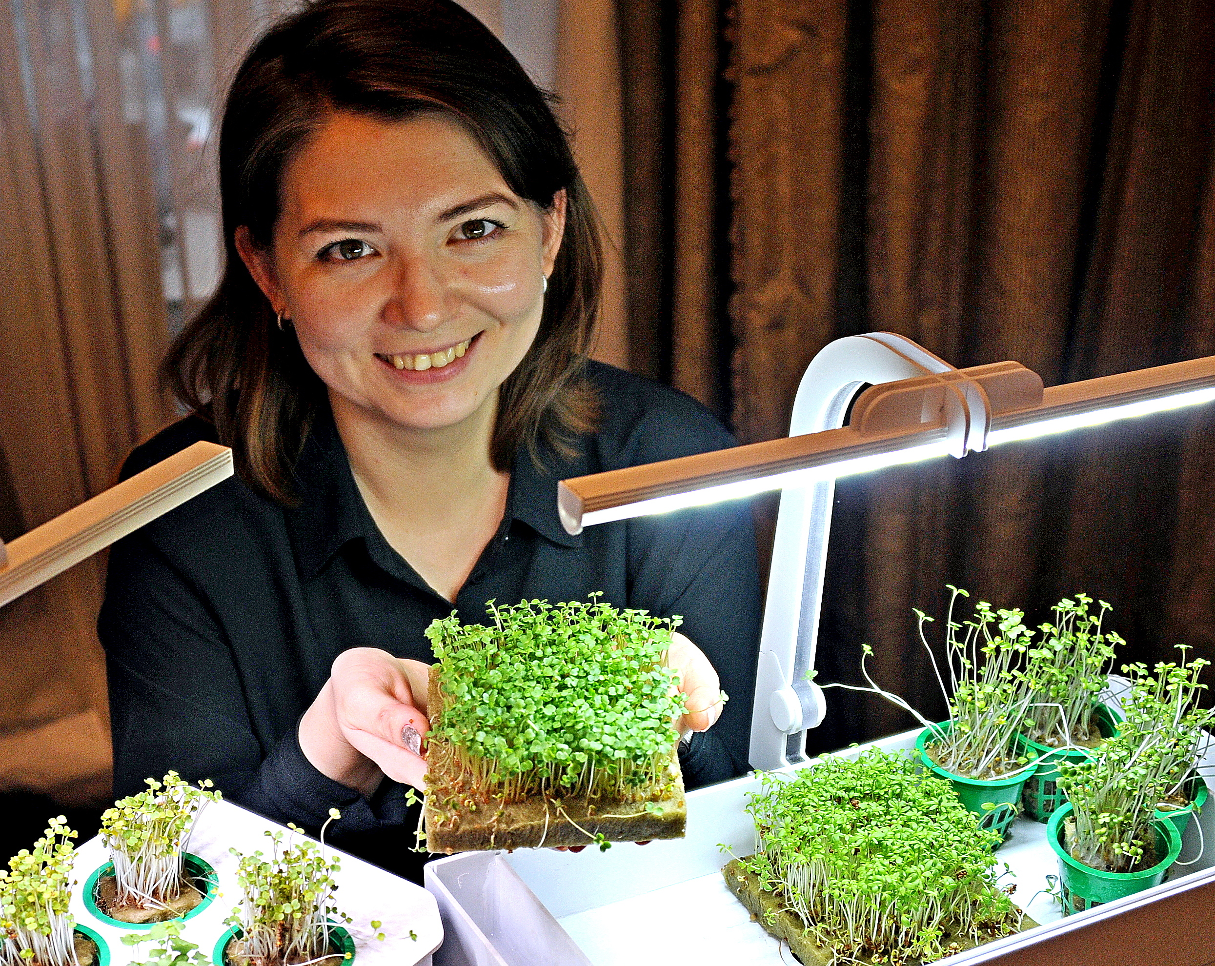 Инженер Дина Ушурова показывает фитосистемы для выращивания зелени дома