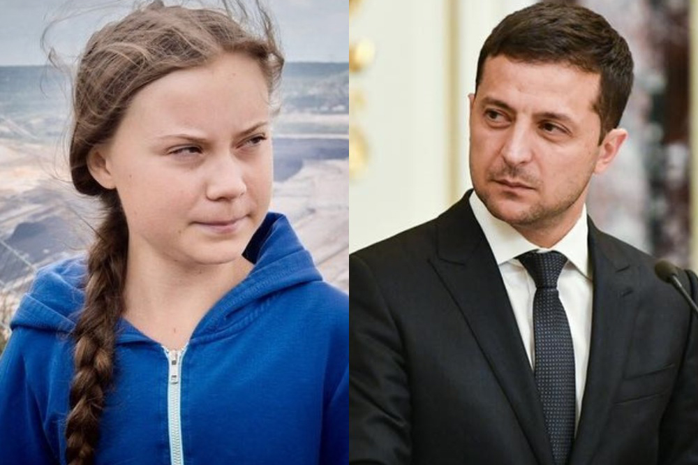 (слева направо): шведская экоактивистка Грета Тунберг и президент Украины Владимир Зеленский 