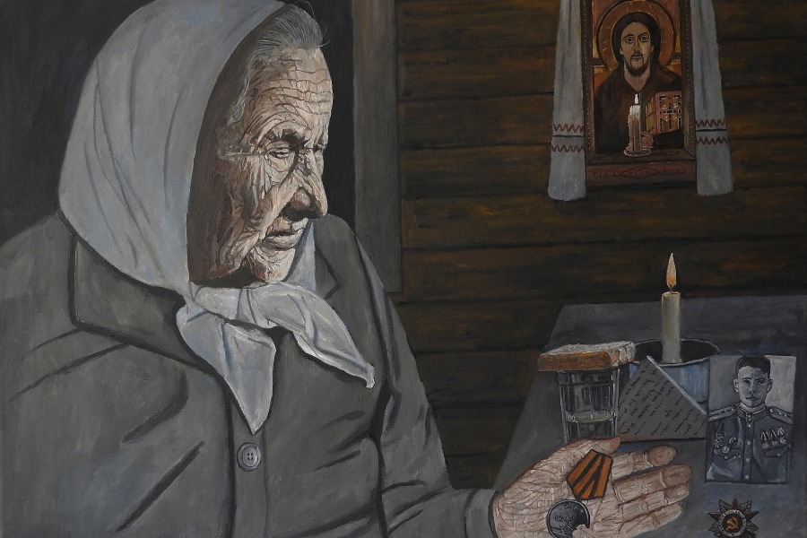 Картина под названием «Память-сынок» кисти художника Александра Куковерова, представленная на выставке в Московском доме самодеятельного творчества