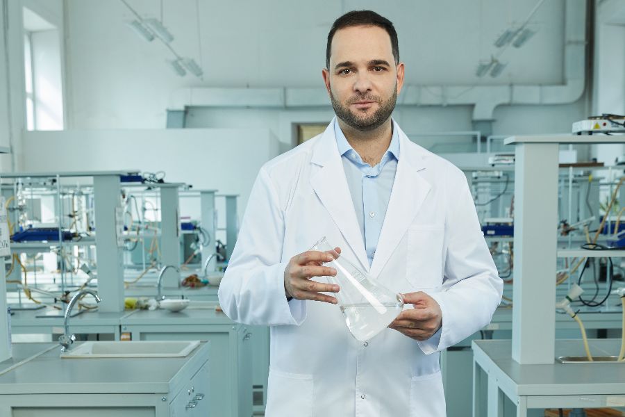 Ректор Российского химико-технологического университета имени Д. И. Менделеева Александр Мажуга в химической лаборатории вуза