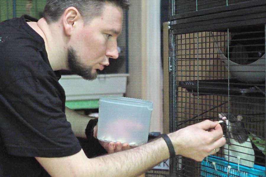 Константин Малинин угощает своего питомца Резерфорда тыквенными семечками