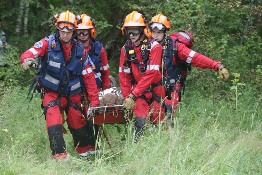 Спасатели Московского авиационного центра Михаэл Нестеренко, Алексей Новиков, Александр Шальнов и Дмитрий Гришаев (слева направо) эвакуируют на носилках пострадавшего. Его доставили к месту, где приземлился вертолет