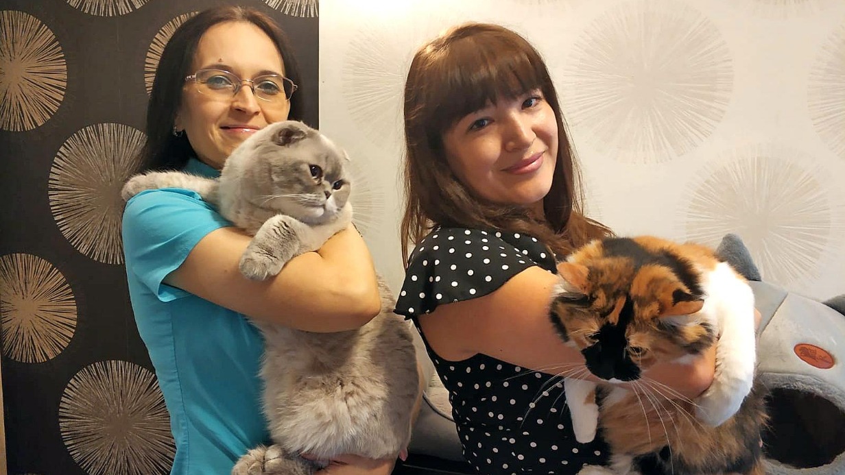 учредители фонда «Огонь души» Ирина Власова (слева) и Оксана Демидова навещают своих подопечных кошек Ириску (слева) и Пульку
