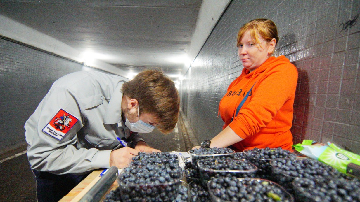 Эксперт ГКУ «Организатор перевозок» Дмитрий Черниенко составляет административный протокол на Ольгу Ким, которая незаконно торгует фруктами в тоннеле у Курского вокзала, ведущего к Нижнему Сусальному переулку