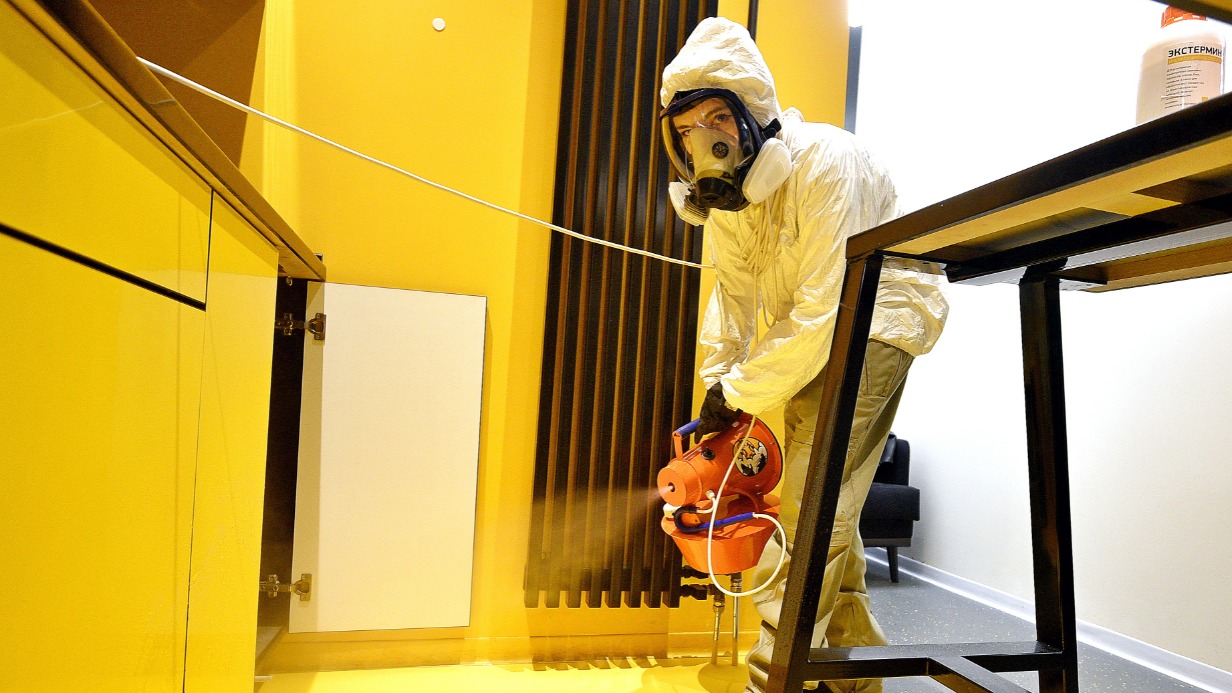 Корреспондент «ВМ» Вероника Ушакова обрабатывает кухню парикмахерской от тараканов. В ее руках — генератор холодного пара. Вредители уничтожаются с помощью воды, смешанной с инсектицидами