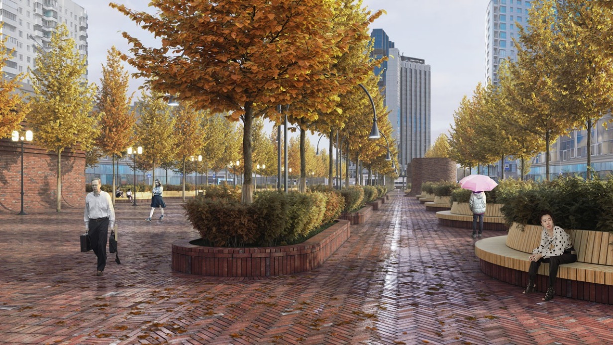 Визуализация благоустройства территории Сокольнической площади между выходом из станции метро и парком «Сокольники»: липовая аллея и фигурные скамейки для отдыха москвичей