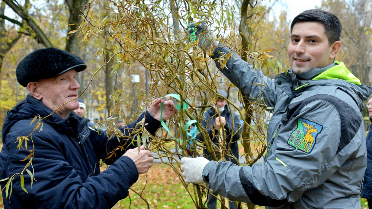 Ветеран войны Петр Усов (слева) и глава управы Лосиноостровского района Роберто Леонов на работах по благоустройству нового сквера на Оборонной улице