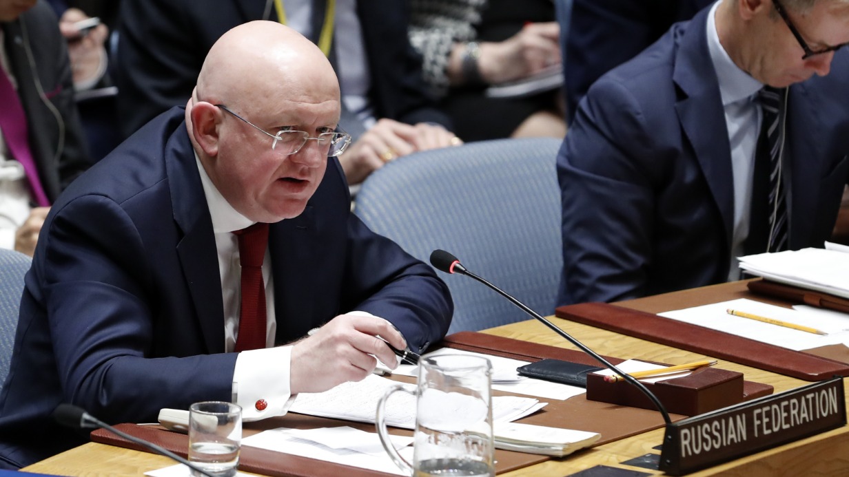 Постоянный представитель России при ООН Василий Небензя на заседании Совета Безопасности ООН по ситуации вокруг Украины в Нью-Йорке