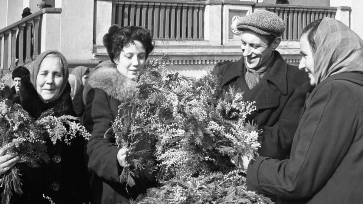 Продажа мимозы на Центральном рынке Москвы на Цветном бульваре