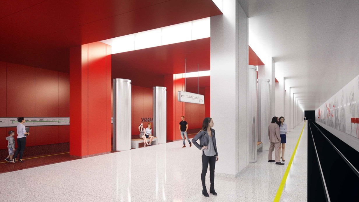 Проект станции «Яхромская»: по задумке архитекторов платформа будет похожа на советский выставочный зал, красный цвет в котором символизирует флаг СССР. Станцию планируют достроить в следующем году