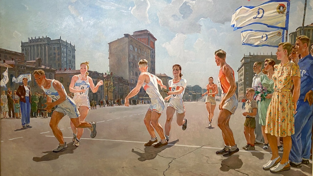 Картина «Эстафета» народного художника СССР Александра Дейнеки. Одну из своих известнейших работ художник написал под впечатлением от соревнований на приз «Вечерки»