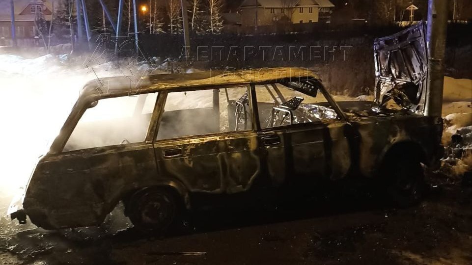 Автомобиль врезался в столб и загорелся в Подмосковье