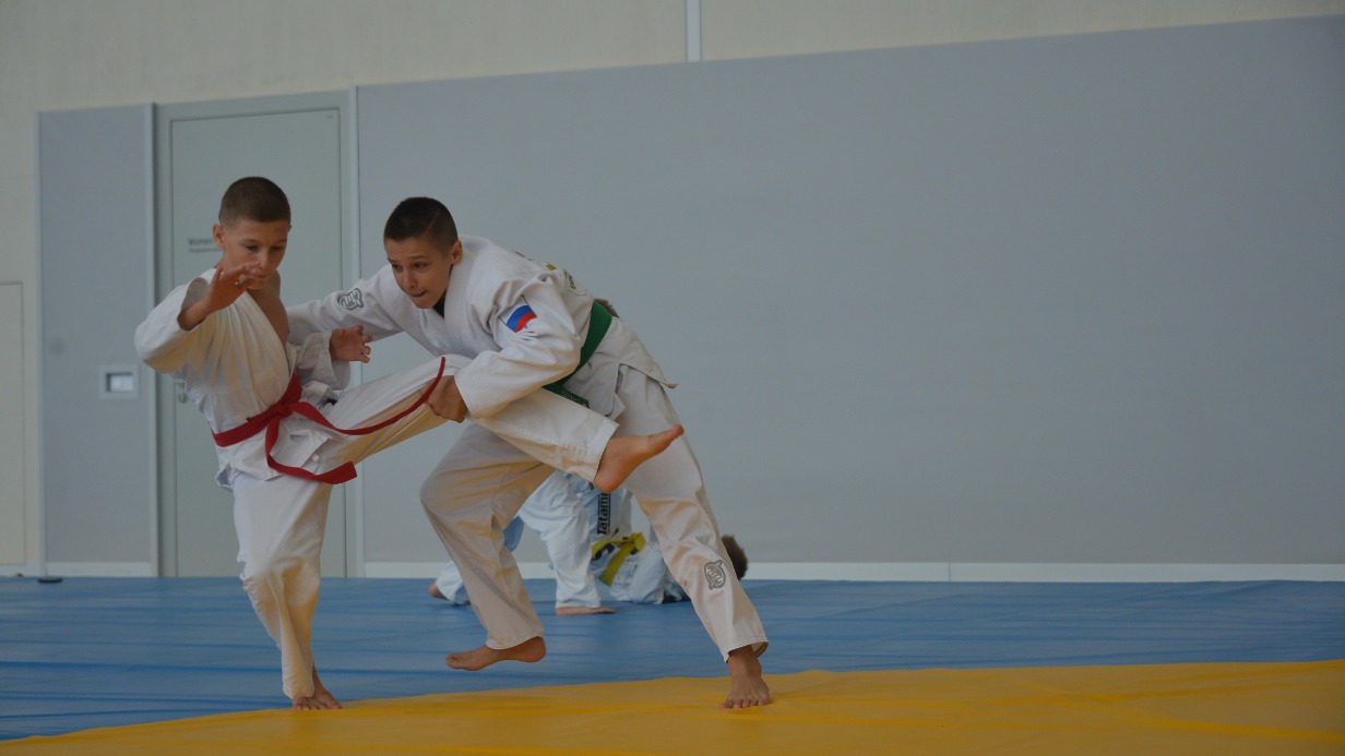 Победитель первенства мира по джиу-джитсу Даниил Оман (слева) отрабатывает прием с напарником Александром Гуридовым