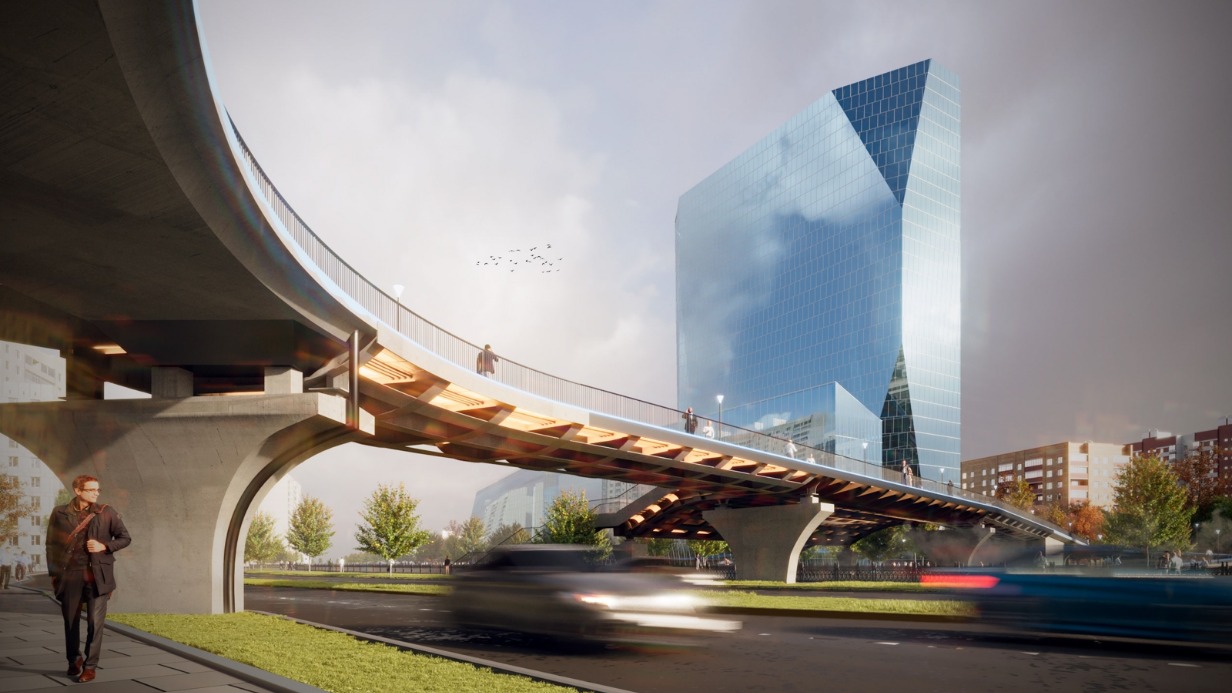 Проект велопешеходного моста с амфитеатром через реку Яузу, на территории современного научно-исследовательского кластера МГТУ имени Н. Э. Баумана. Мост обещает стать новой точкой притяжения для студентов и жителей района
