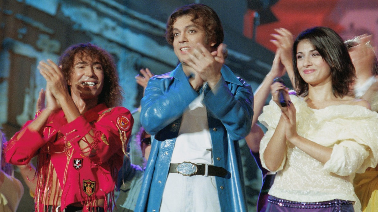 Певцы Валерий Леонтьев, Филипп Киркоров и певица из Белоруссии Искуи Абалян на открытии 10-го международного фестиваля искусств «Славянский базар в Витебске»