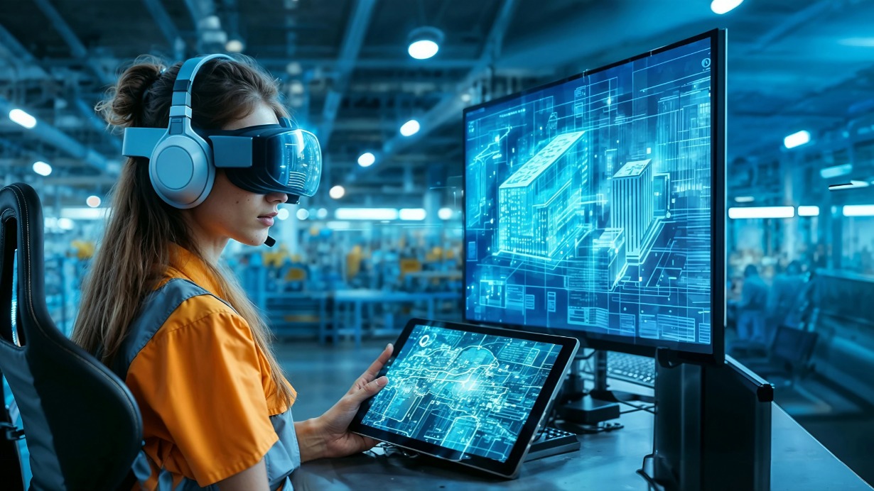 Гостья из будущего: в умных очках, с планшетом в руках