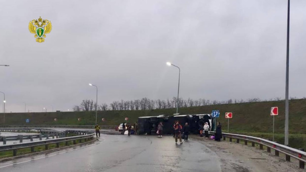 На автодороге в Ростовской области опрокинулся рейсовый автобус Москва — Геническ