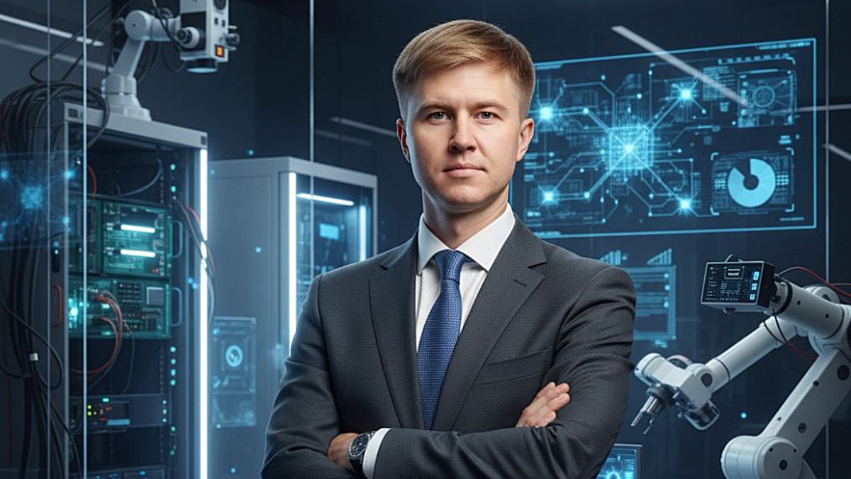 Сооснователь Бюро исследований И2, эксперт в области применения генеративных нейросетей Илья Чиркин в своем кабинете. Фон сгенерирован ИИ