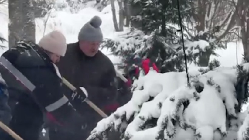 Лукашенко вышел чистить снег с сыном Николаем и шпицем Умкой