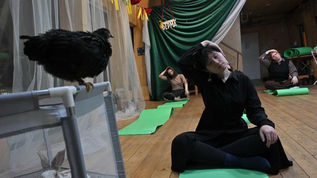 Искусствовед Анна Томашевская на йоге с курами и кроликами на Городской ферме ВДНХ