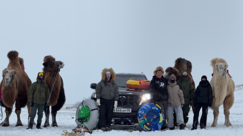 Туристический клуб предлагает гостям покататься на ватрушках с верблюдами
