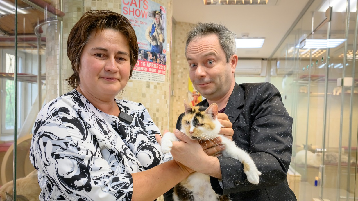 Директор АНО «Кошкин дом» Евгения Михайлова передает спасенную из зоны СВО кошку Глушу заслуженному артисту России Дмитрию Куклачеву для пополнения труппы