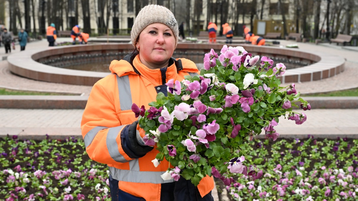Дорожный рабочий Светлана Хохлова высаживает виолы