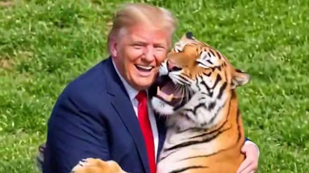 Трамп опубликовал ИИ-ролик, в котором борется с тигром и обнимается с ним